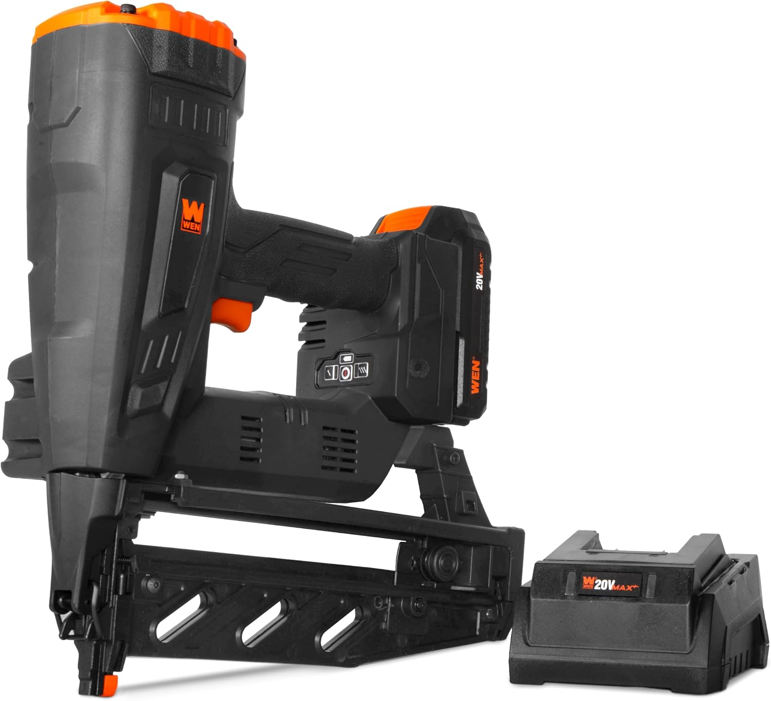 WEN 20V Max Cordless Brushless 16-Gauge Brad Nailer with 2.0Ah Battery and Charger (20516)