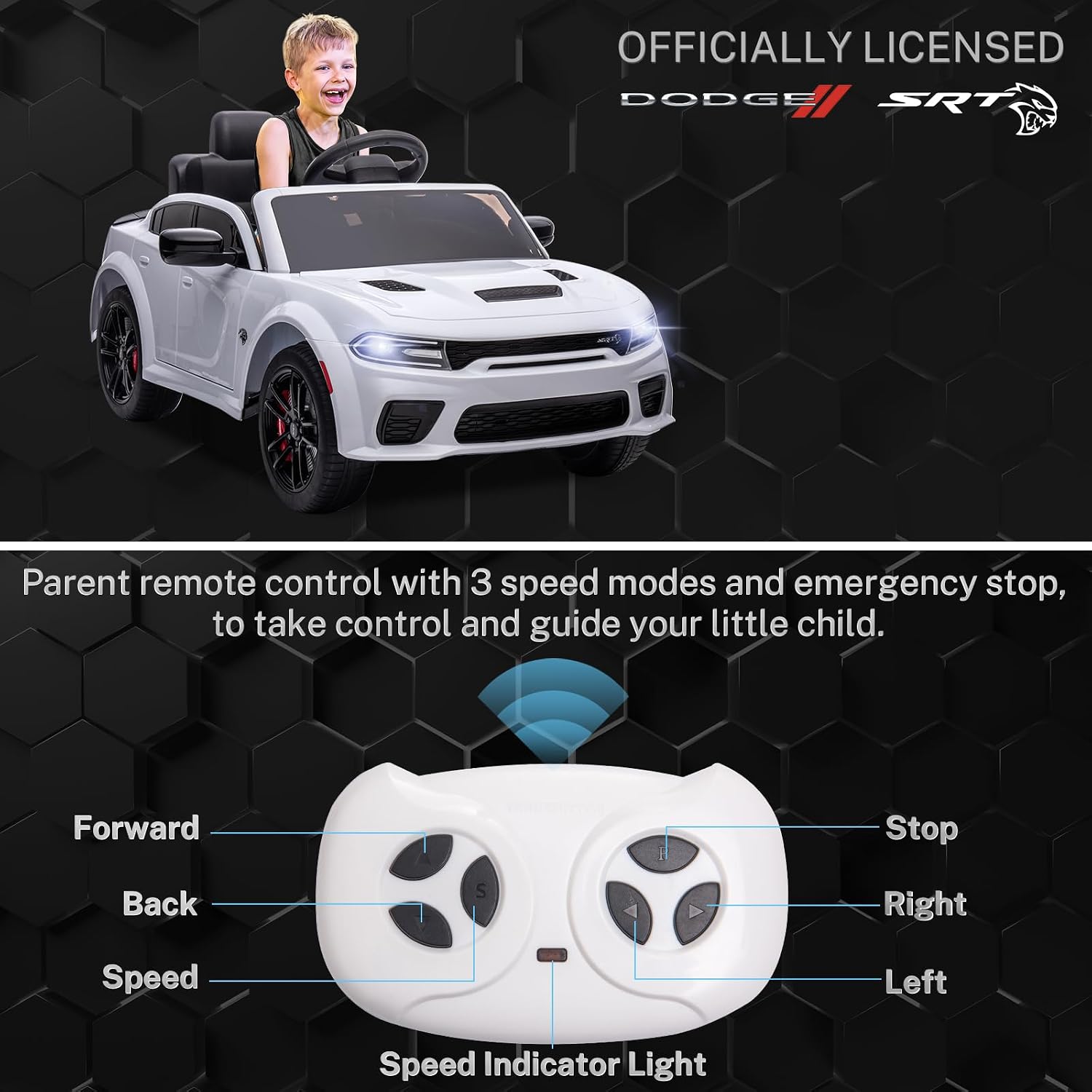 ENYOPRO 12V 7Ah Kids Electric Ride on Car, Licensed Dodge Charger SRT Hellcat, Battery Powered 4-Wheels Toy Car Electric Vehicle for Kids with Remote Control, 3 Speeds, LED Lights, Music (White)