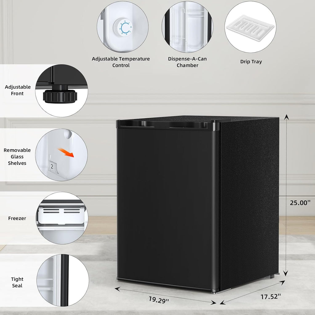 Antarctic Star Compact Refrigerator with Freezer, 2.6 Cu.Ft Mini Fridge with Adjustable Thermostat,Single Door,Removable Glass Shelves for Dorm/Kitchen/Office,BLACK
