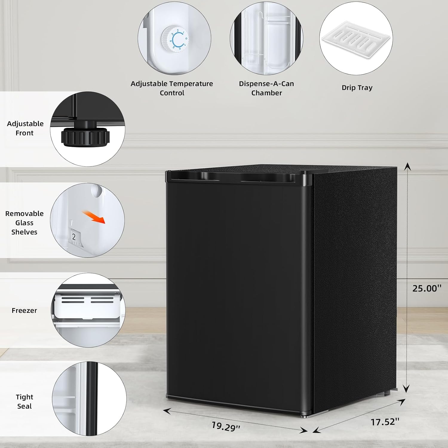 Antarctic Star Compact Refrigerator with Freezer, 2.6 Cu.Ft Mini Fridge with Adjustable Thermostat,Single Door,Removable Glass Shelves for Dorm/Kitchen/Office,BLACK