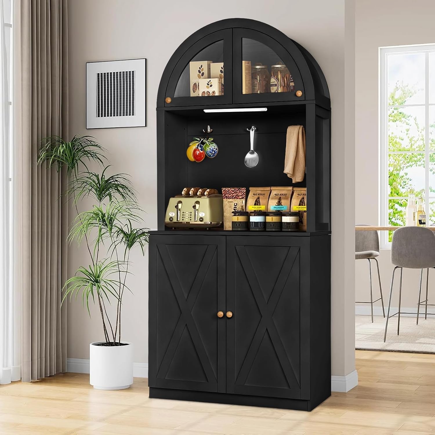 71' Farmhouse Arched Buffet Cupboard with Adjustable Shelves & Glass Door | Sturdy Engineered Wood, Acrylic Glass, Durable, Moisture-Resistant, Easy Assembly, for Dining Room, Bathroom, Living Room