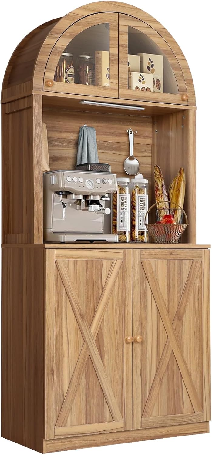 71' Farmhouse Arched Buffet Cupboard with Adjustable Shelves & Glass Door | Sturdy Engineered Wood, Acrylic Glass, Durable, Moisture-Resistant, Easy Assembly, for Dining Room, Bathroom, Living Room