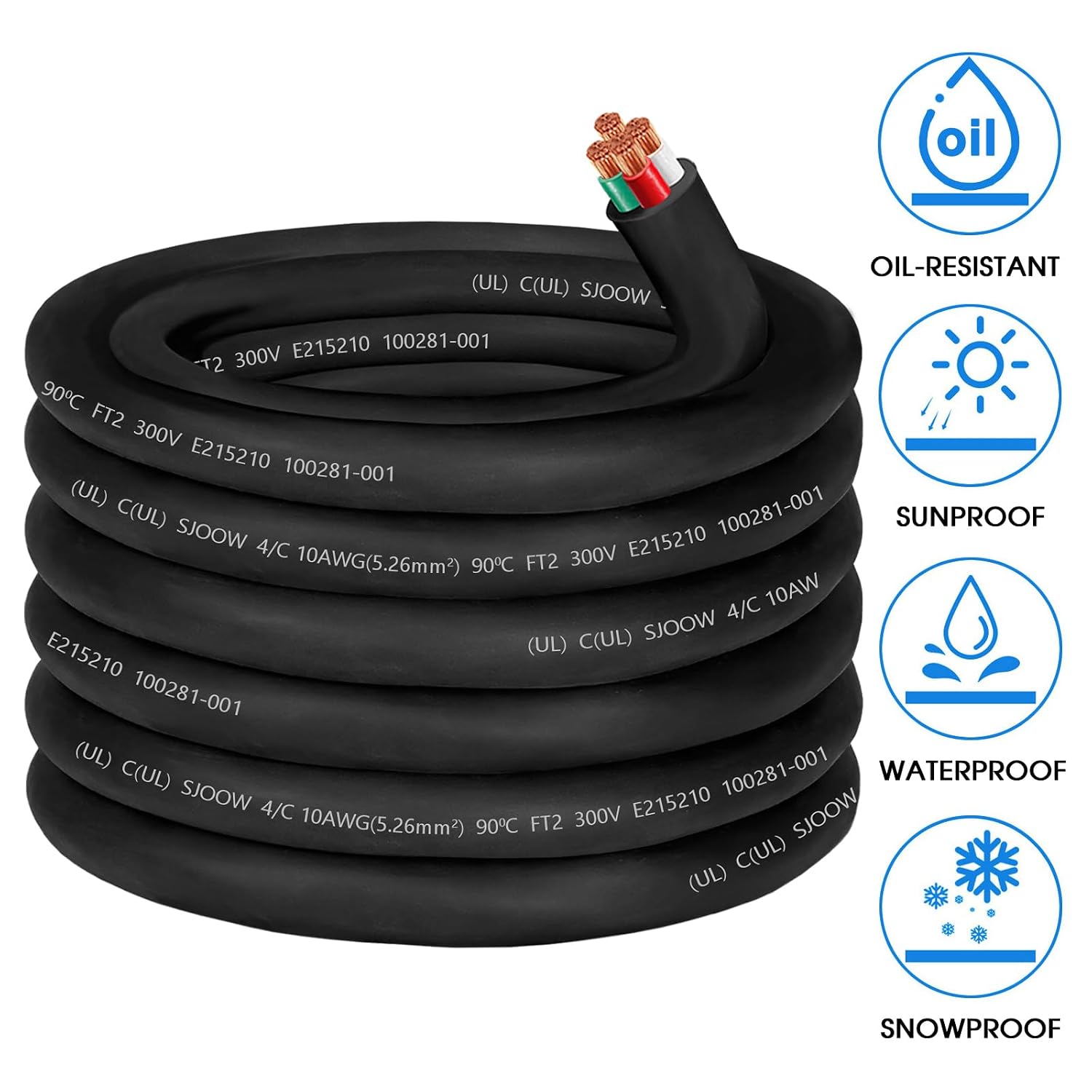 10/4 Wire 10AWG SJOOW Wire 10 Gauge,10/4 Portable Power Cable 10 Gauge 4 Conductor Electric Cable SJOOW Cord for NEMA 14-30amp Generator,Welder,Portable Light,Car Charger,Motor Lead Outdoor Use-50ft