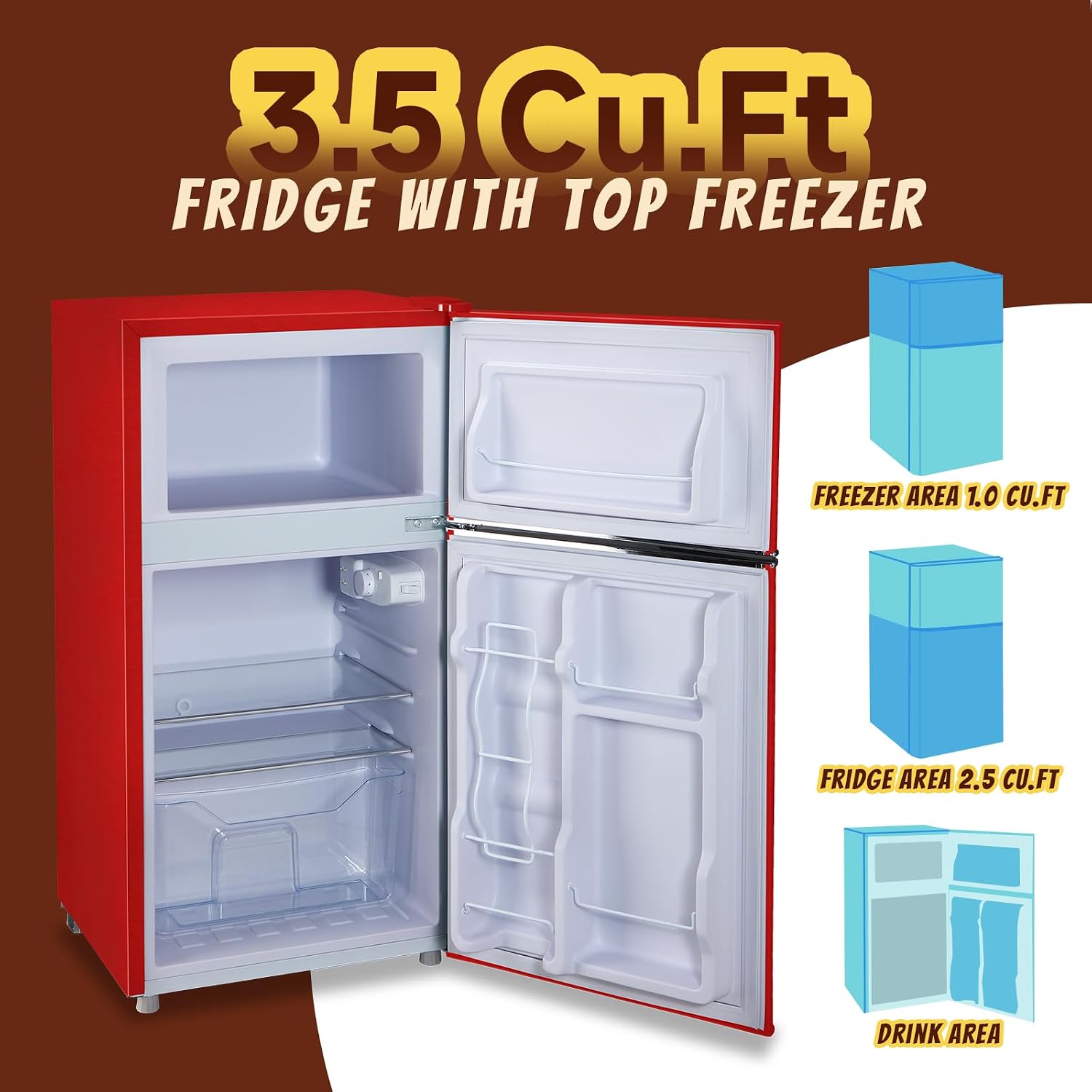 Small Fridge with Freezer Mini Refrigerator Double door Removable Glass Shelves 7 Temp Gear Detachable Handle Red