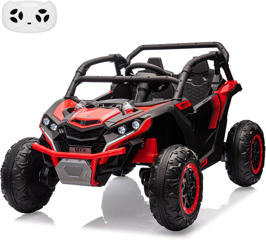 GarveeLife 24V Ride On Utv for Kids, 2 Seater 4WD Electric Truck with Remote Control, High and Low Speed Adjustment, Led Lights,4-Wheel Shock Absorption, One Click Start, Music Player (Red)