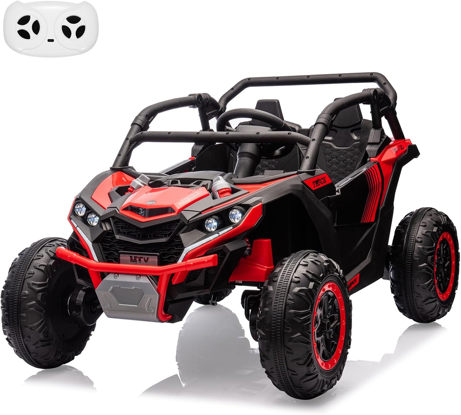 GarveeLife 24V Ride On Utv for Kids, 2 Seater 4WD Electric Truck with Remote Control, High and Low Speed Adjustment, Led Lights,4-Wheel Shock Absorption, One Click Start, Music Player (Red)