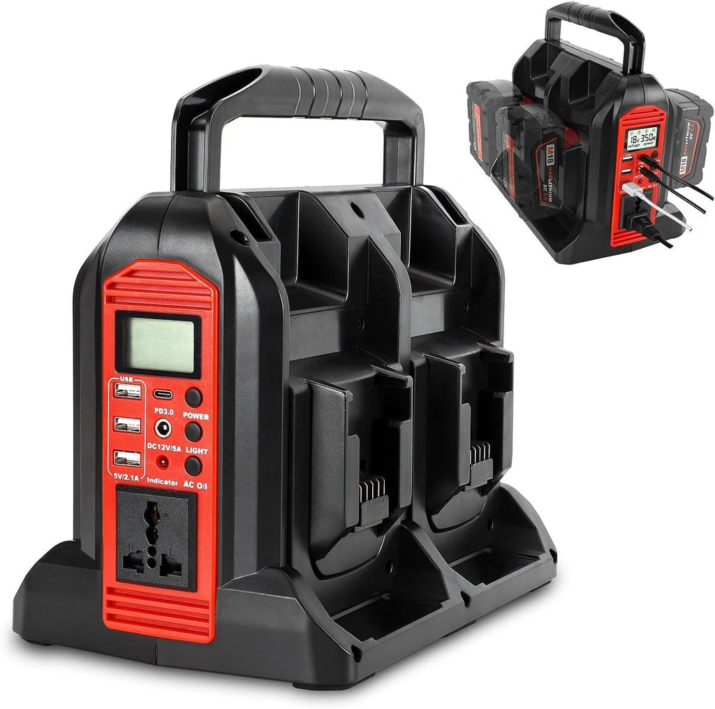 DC 18V to AC 120V Power Inverter Compatible with Milwaukee M18 18V Battery, 350W Pure Sine Wave Portable Power Inverter Converter with LCD Display and LED Light, 4 Battery Port