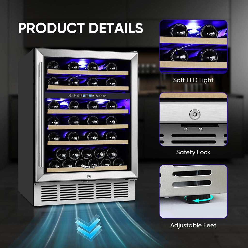 ORYMUSE 24 Inch Wine Cooler Refrigerator, 46 Bottle Dual Zone Wine Fridge with Stainless Steel Glass Door, Adjustable Shelves, Upgraded Compressor, Built-In Freestanding for Home, Bar, Kitchen