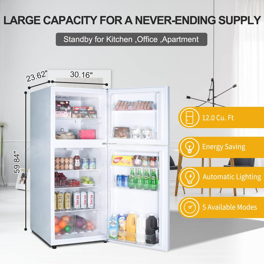 12.1 CU' Refrigerator with Freezer, Apartment Size Refrigerator Top Freezer, 2 Door Fridge with Adjustable Thermostat Control, Freestanding, Door Swing, White (FR 1202 WH)