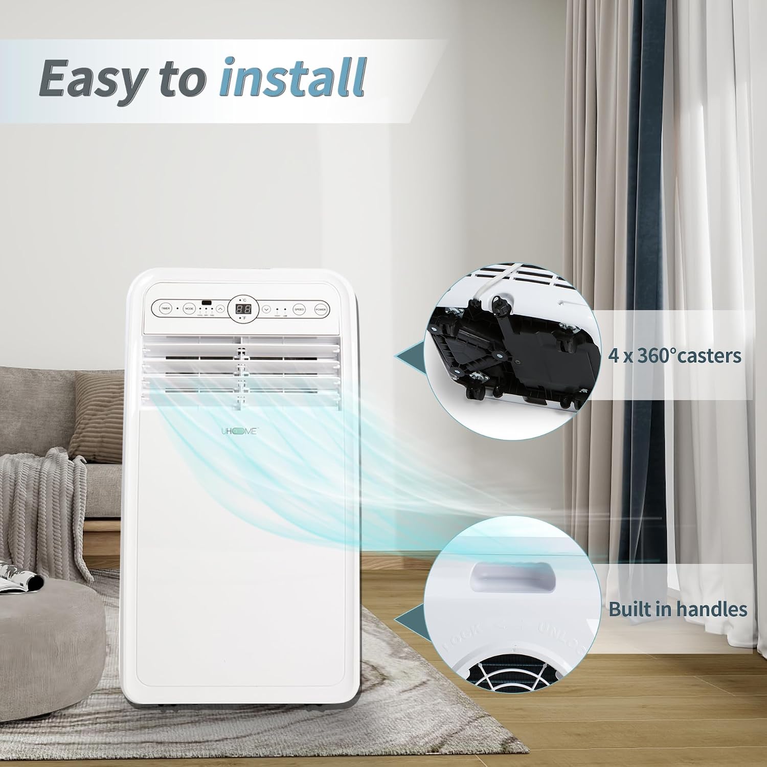 Uhome 8000 BTU Portable Air Conditioner, with Cooling, Dehumidifier, Fan, Remote Control and Window Mount Kit Included, White, 24H Timer