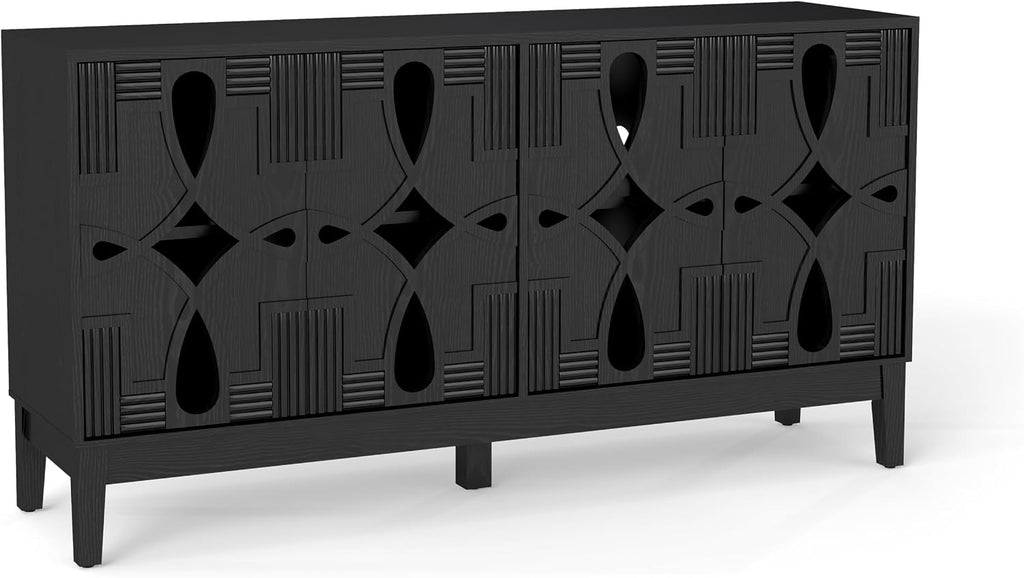 KEIKI 60.5'' Buffet Cabinet with Storage, Farmhouse Fluted Sideboard with Geometric Pattern & Adjustable Shelves, Mid Century Modern TV Stand for Living Room Kitchen Dining Room Entryway, Black