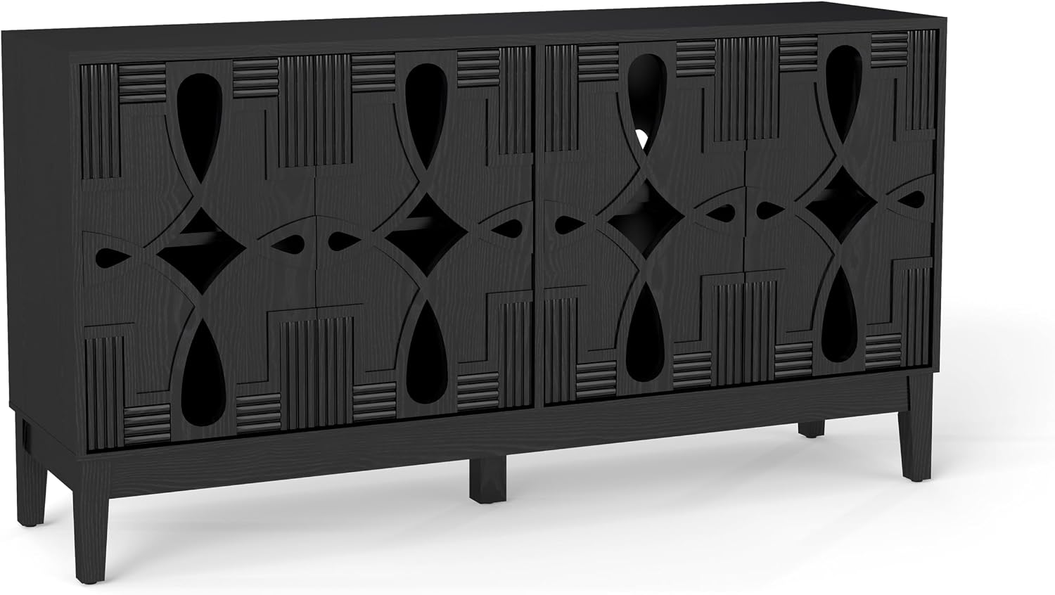 KEIKI 60.5'' Buffet Cabinet with Storage, Farmhouse Fluted Sideboard with Geometric Pattern & Adjustable Shelves, Mid Century Modern TV Stand for Living Room Kitchen Dining Room Entryway, Black