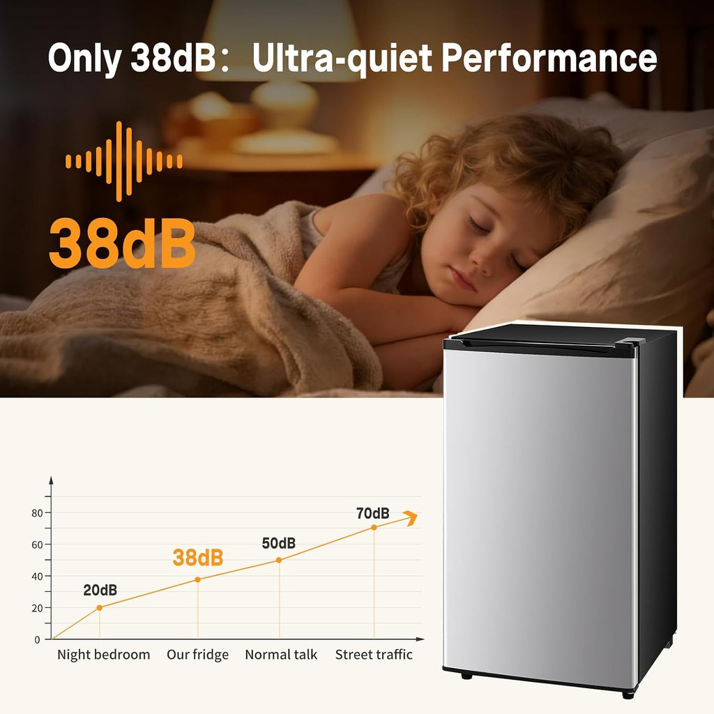 NEWBULIG Mini Fridge with Freezer 3.2 Cu.Ft Small Refrigerator for Office, Dorm, Small Fridge with Adjustable Thermostat, Energy Saving, Singel Door, Sliver