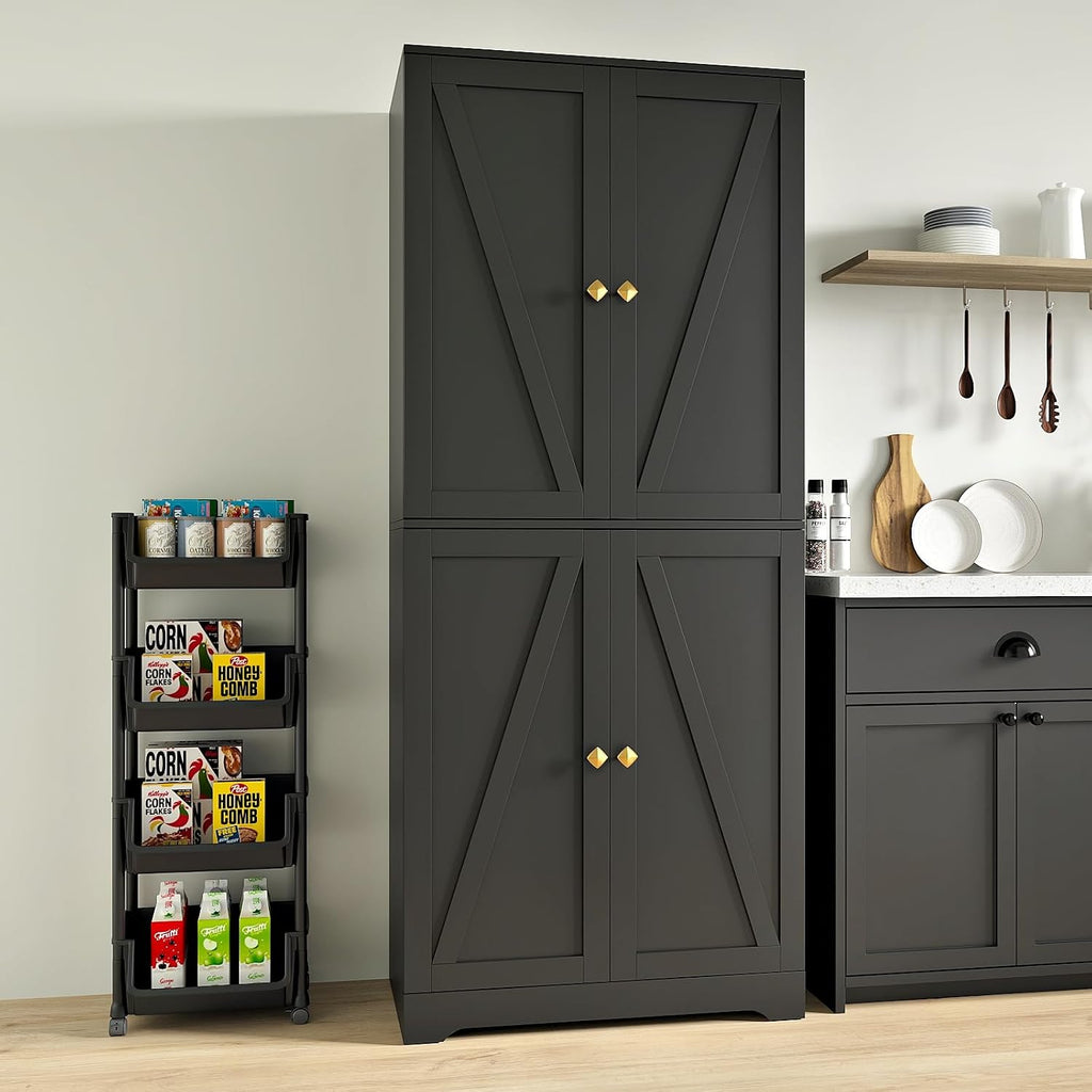Kitchen Pantry Cabinet, 72' Tall Farmhouse Storage Cabinet with 4 Barn Doors and Adjustable Shelves, Pantry Storage for Kitchen, Living Room, Black