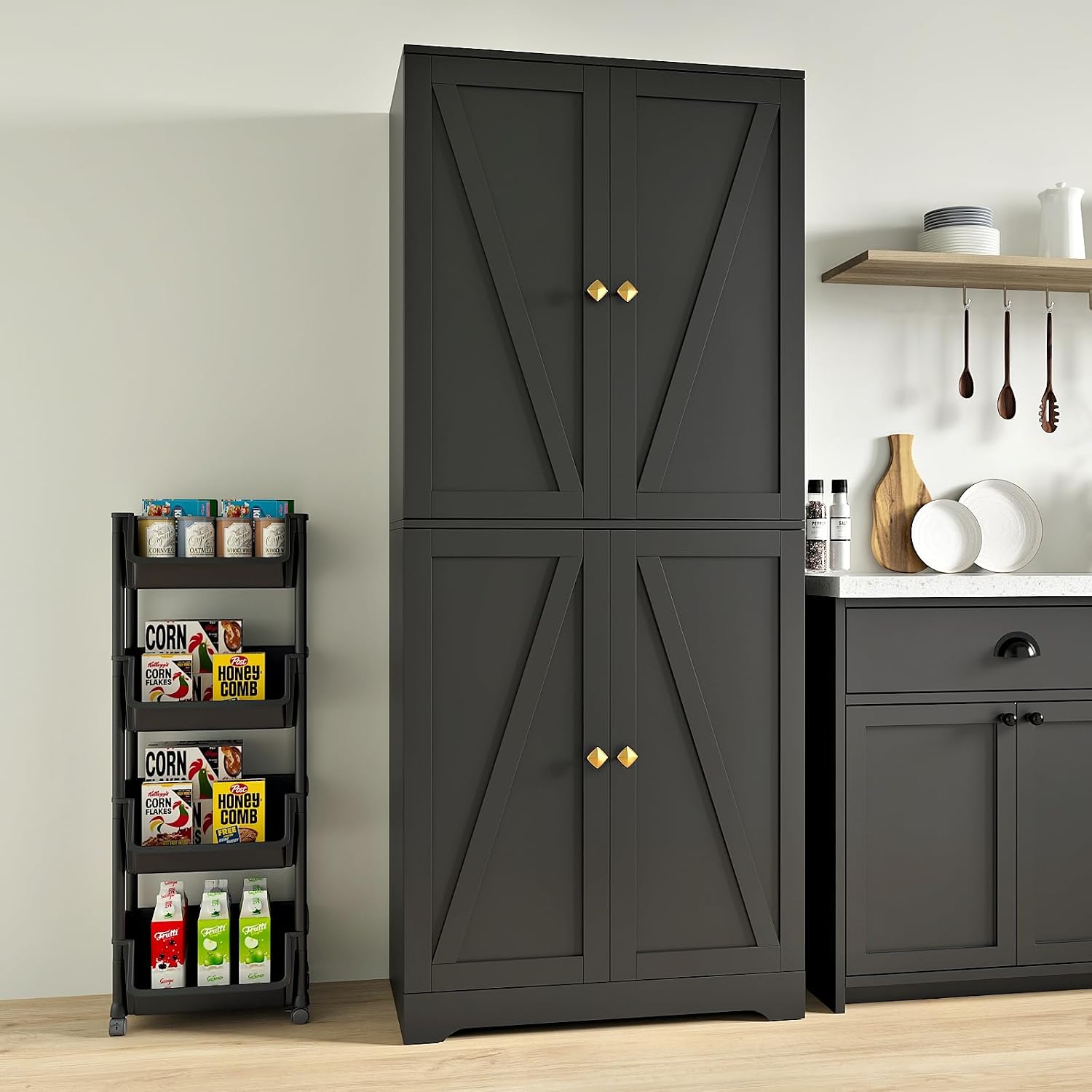 Kitchen Pantry Cabinet, 72' Tall Farmhouse Storage Cabinet with 4 Barn Doors and Adjustable Shelves, Pantry Storage for Kitchen, Living Room, Black