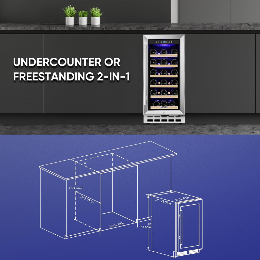 ORYMUSE 15 Inch Wine Cooler Under Counter, 30 Bottle Wine Fridge with Stainless Steel Glass Door, Built-In or Freestanding Wine Cellar with Removable Shelves and Digital Temperature Control