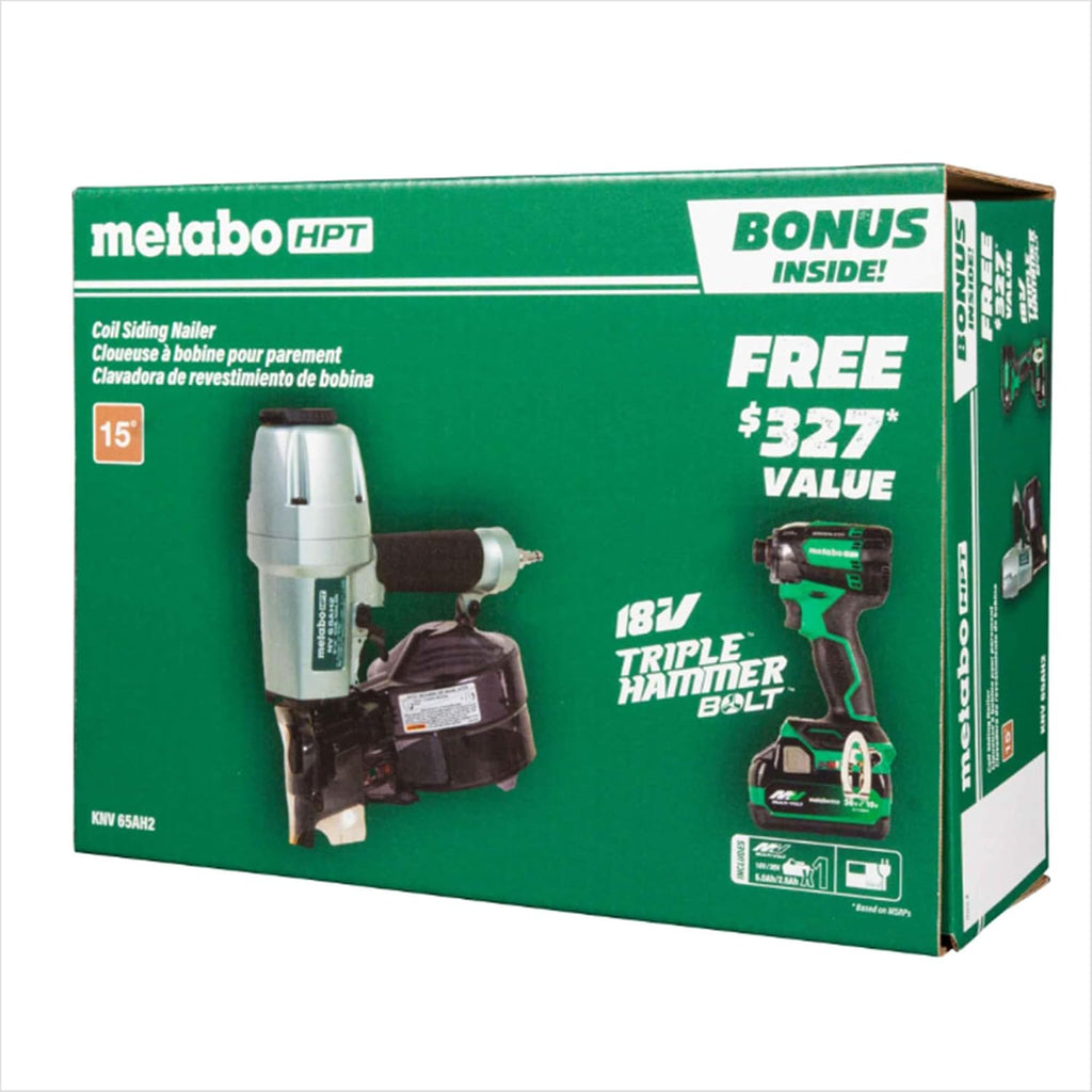 Metabo HPT Pneumatic Siding Nailer + 18V Impact Driver Pro Bundle Kit, 2-1/2 Inch Coil Siding Nailer with BONUS 18V Triple Hammer Impact Driver Kit, KNV65AH2