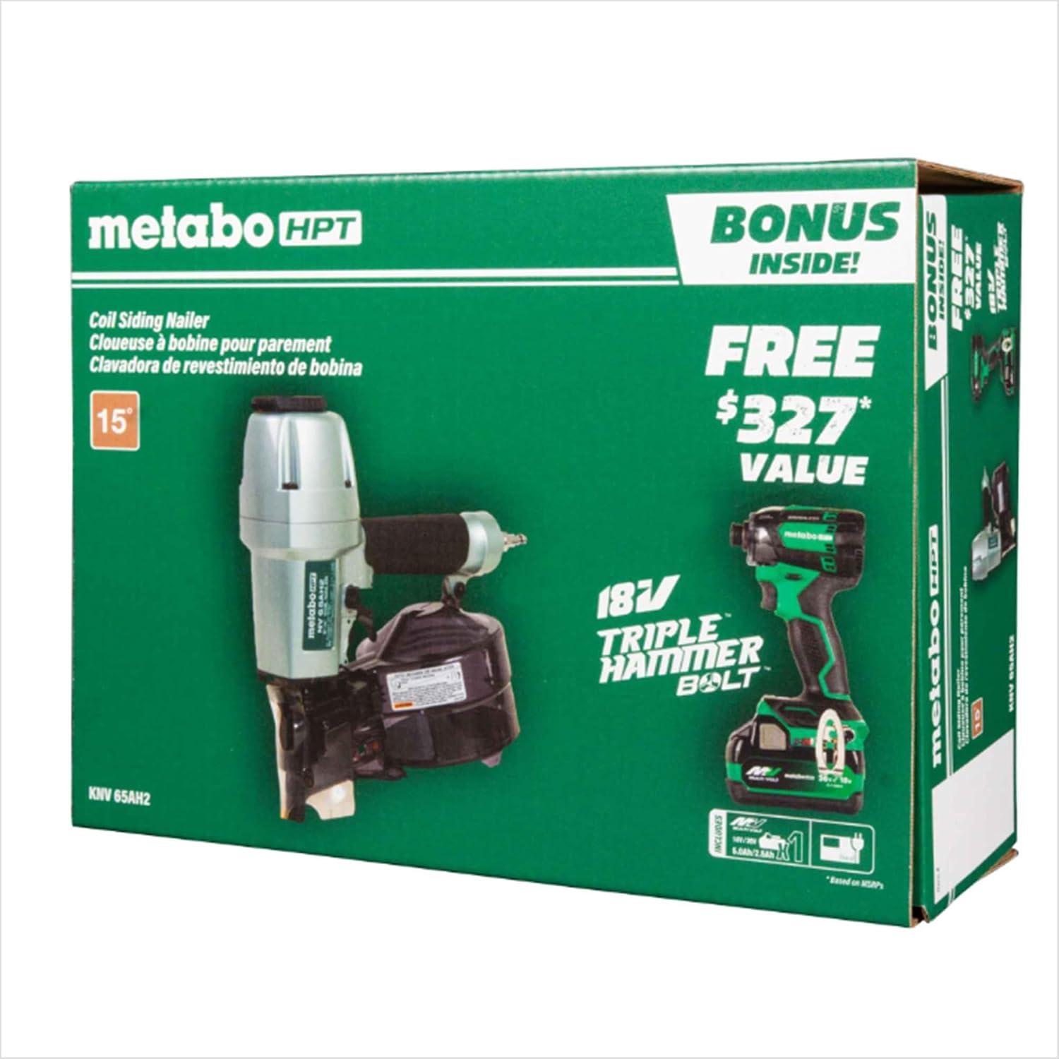Metabo HPT Pneumatic Siding Nailer + 18V Impact Driver Pro Bundle Kit, 2-1/2 Inch Coil Siding Nailer with BONUS 18V Triple Hammer Impact Driver Kit, KNV65AH2