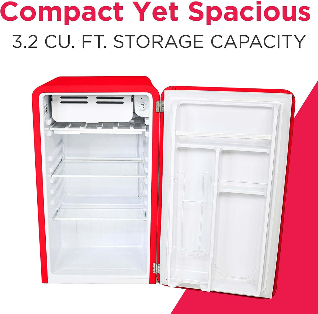 Frigidaire Retro Compact Refrigerator with Chiller, 3.2 cu ft Countertop Fridge, Built-In Bottle Opener, Rounded Corners, Premium, for Office, Bedroom, Dorm Room, Cabin, 18.5D x 20W x 31.5H (Red)