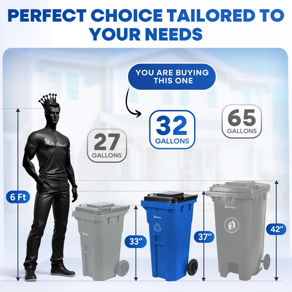 PLASTIC PRINCE 32 Gallon Trash Can Outdoor Recycling Bin with Lid and Wheels Heavy Duty Rolling Garbage Can with Lid Blue Recycle Trash Can with Wheels for Warehouse Hospital Restaurant Office