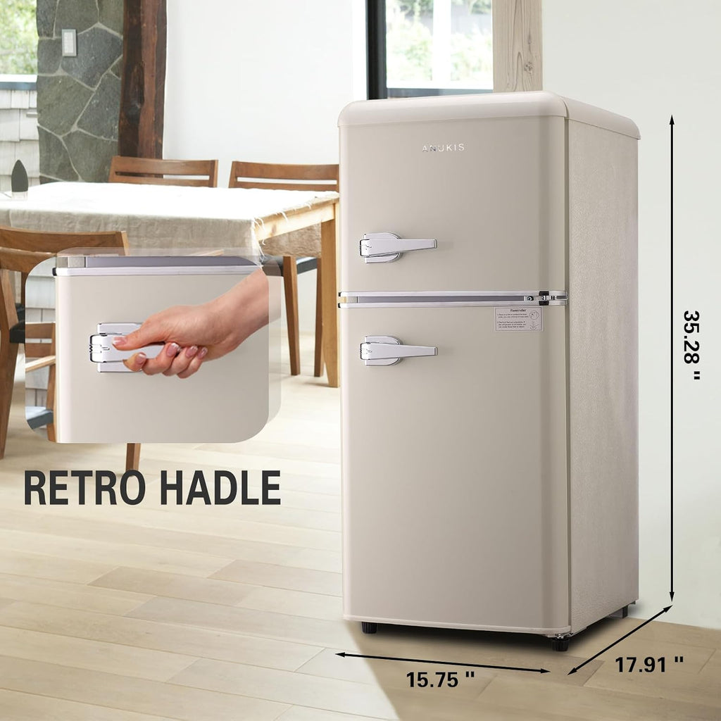 Anukis Mini Fridge with Freezer 3.2 Cu Ft 2 Door Compact Refrigerator for Apartment, Dorm, Office, Family, Basement, Garage - Retro Cream