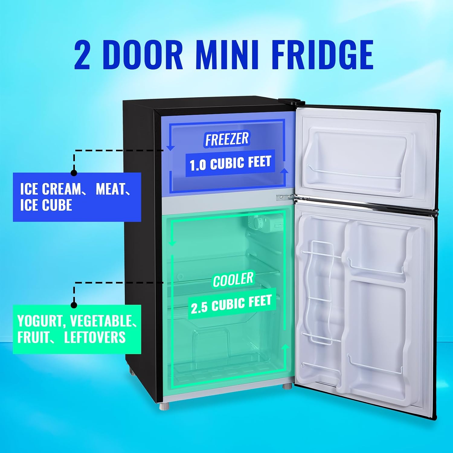 Mini Refrigerator with Freezer Small Fridge Double Door Side Drink Holder Adjustable Glass Shelves, Plastic Crisper, 7 Level Temperature Control for Bedroom, Office, Apartment Black