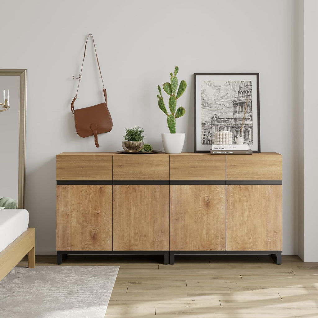 WAMPAT 2 in 1 Multifunctional Sideboard Buffet Cabinets, Modern Sideboard with Adjustable Shelf and Metal Base, Coffee Bar Cabinet Storage Cabinet for Living Room, Kitchen, Oak