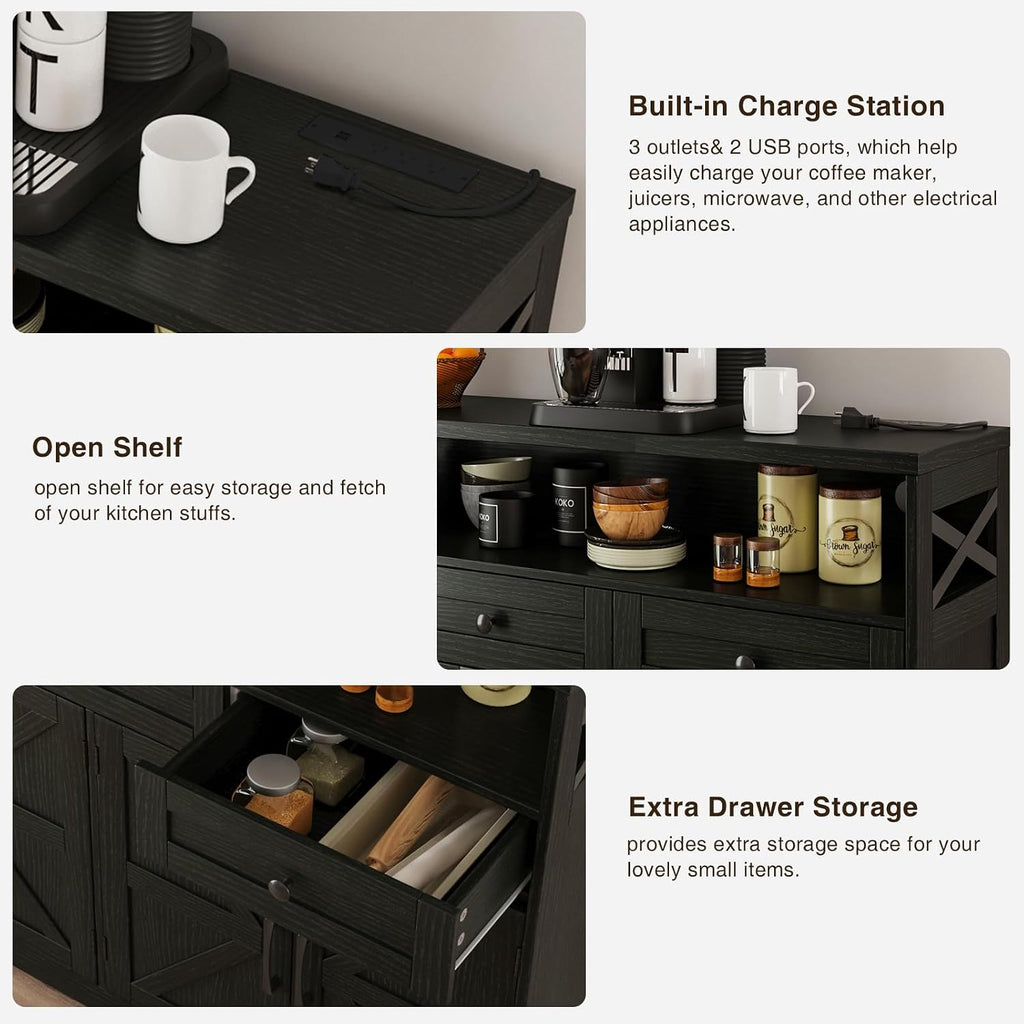 Befrases 52' L Modern Farmhouse Sideboard Buffet Cabinet, Black Storage Cabinet with Drawers & Shelves, Kitchen Pantry Hutch, Coffee Bar Station Table for Living Room, Dining Room, Entryway