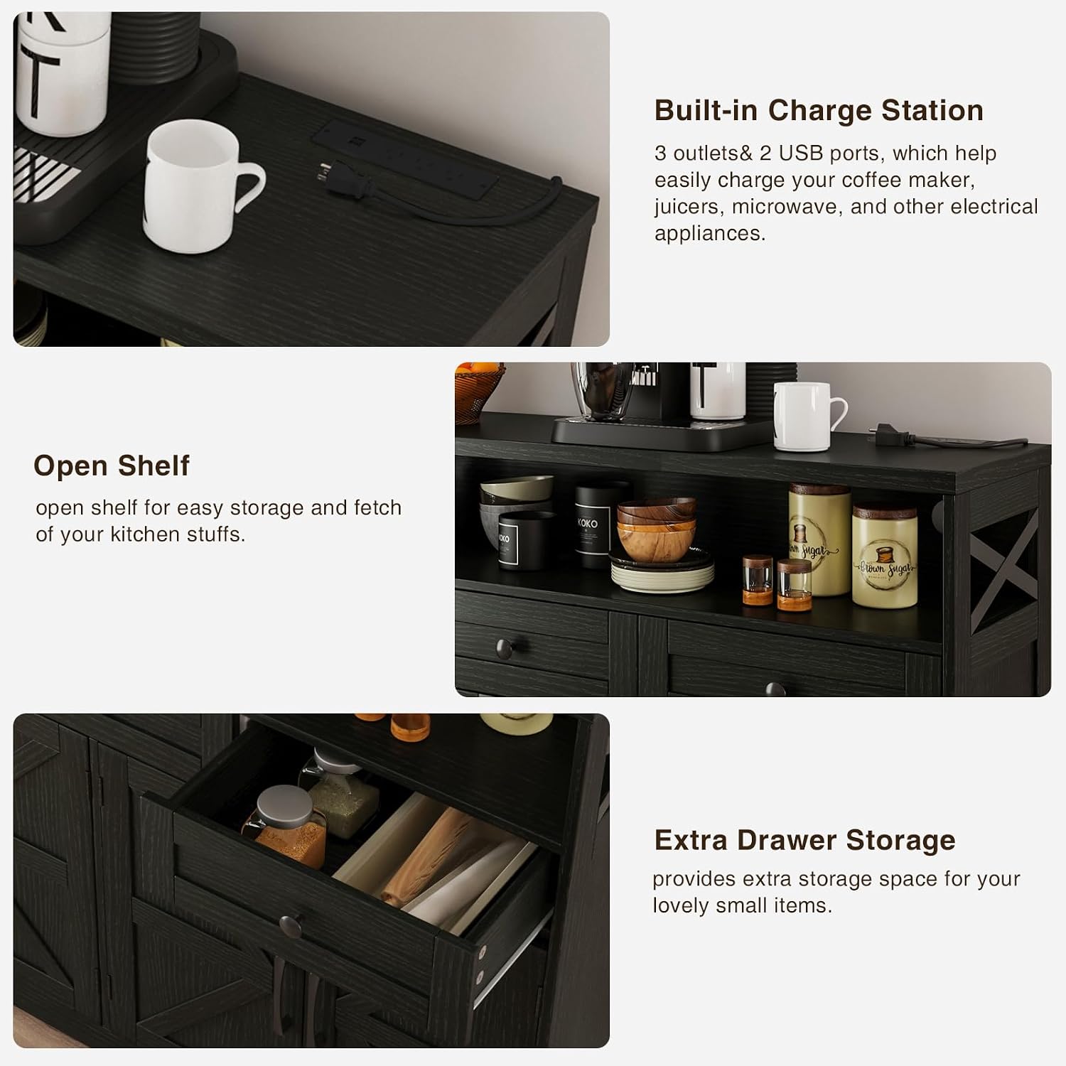 Befrases 52' L Modern Farmhouse Sideboard Buffet Cabinet, Black Storage Cabinet with Drawers & Shelves, Kitchen Pantry Hutch, Coffee Bar Station Table for Living Room, Dining Room, Entryway