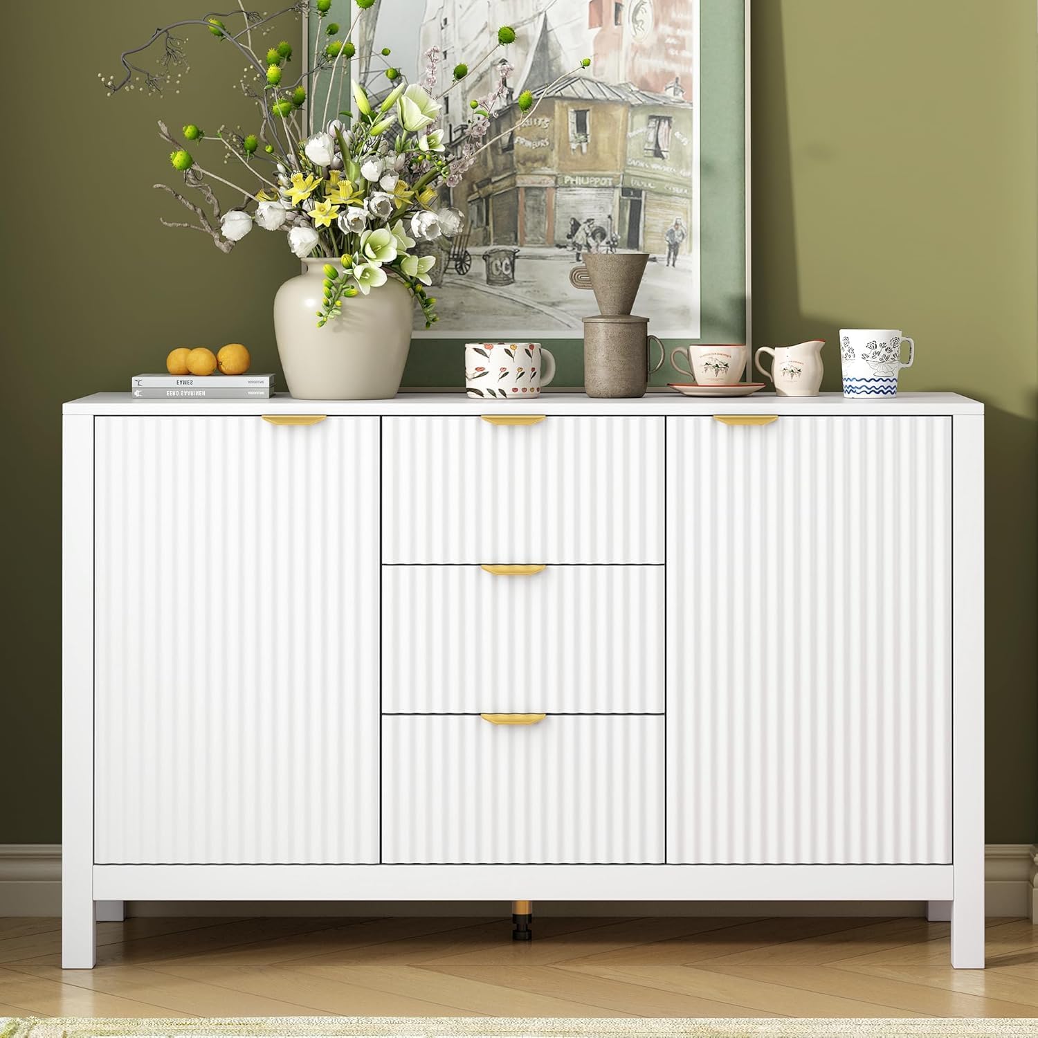 Virubi 47' Fluted Sideboard Buffet Cabinet with Storage Drawers,Doors,Adjustable Shelves and Gold Handles, Wood Modern Sideboard Accent Cabinet for Living Room,Hallway,Entryway (White)
