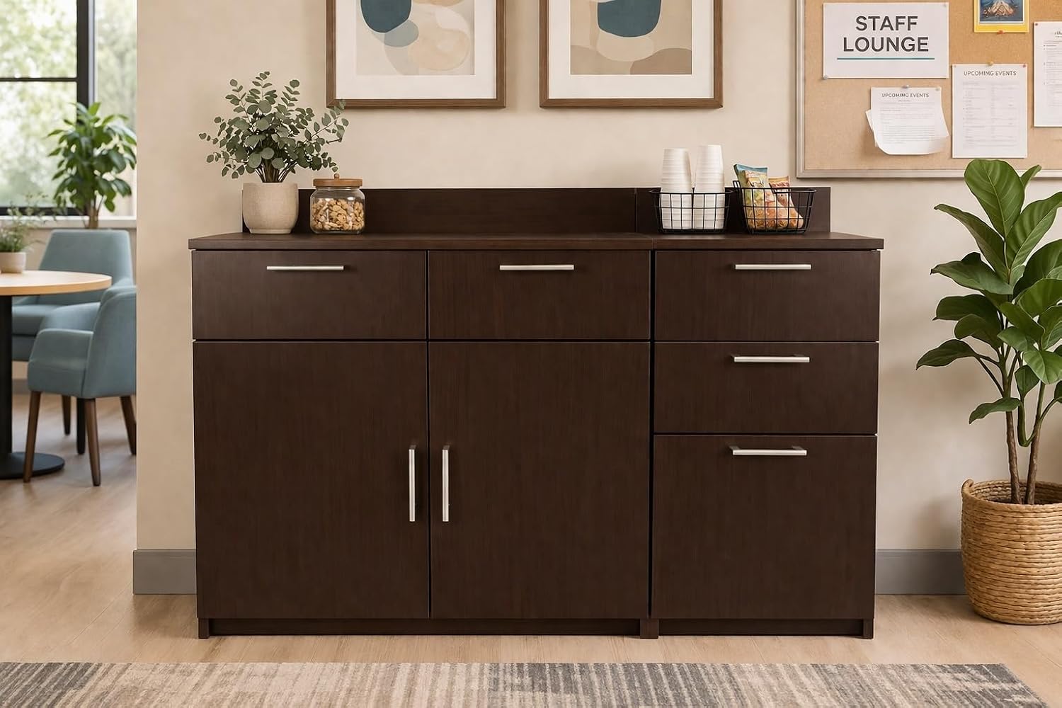 BREAKtime Breakroom Cabinet with Door and 3-Drawer Storage, Office Snack and Supply Cabinet, Commercial-Grade, Fully Assembled, 54' W x 24' D x 36' H, Appliances Not Included