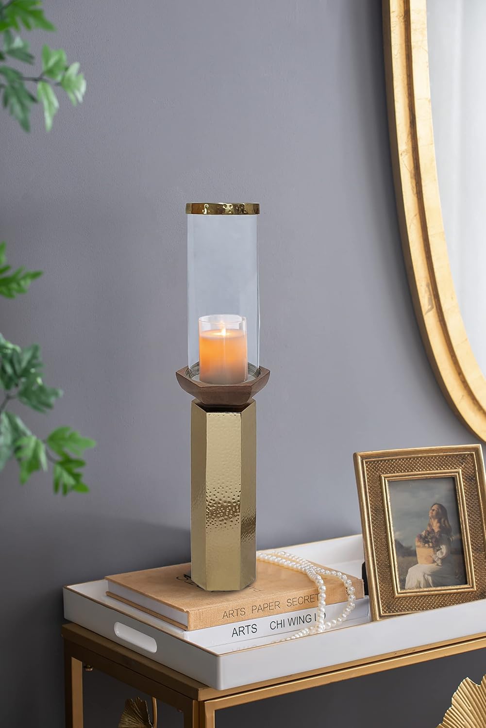 A&B Home Hammered Gold Candle Holder- Aluminum Candle Holder with Hurricane Glass, Decorative Tabletop Lighting, Living Room Coffee Table Accent Piece Dining Table Centerpiece, 5' x 5' x 21'