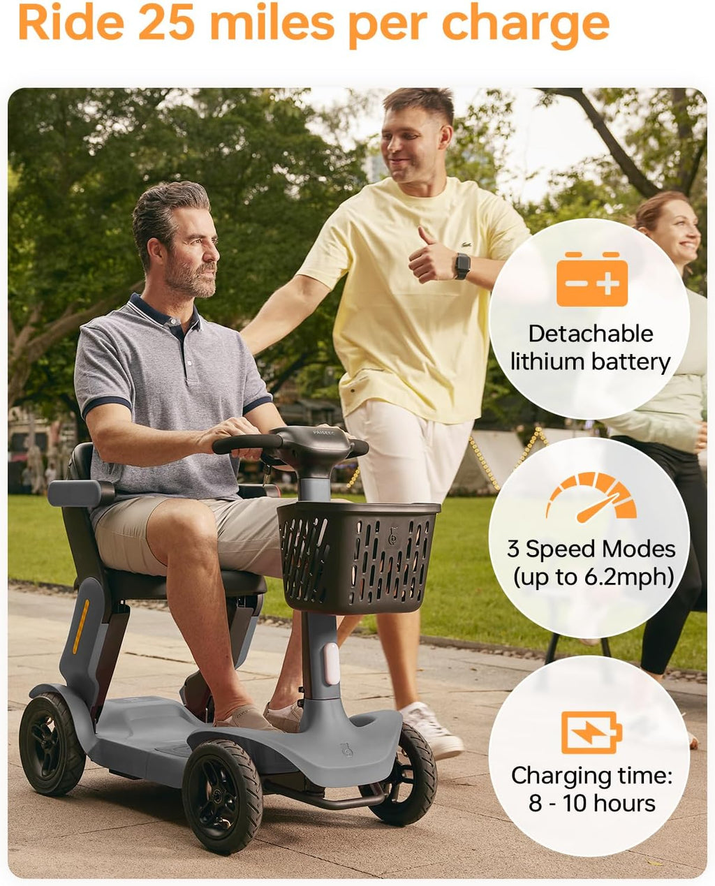 Paiseec S3 Mobility Scooter for Seniors, 25 Miles Long Lasting Mobility Scooter Foldable, Lightweight Travel Scooter for Seniors, 300 lbs Capacity, AI Speed Control, 250W Motor (Grey-25miles)