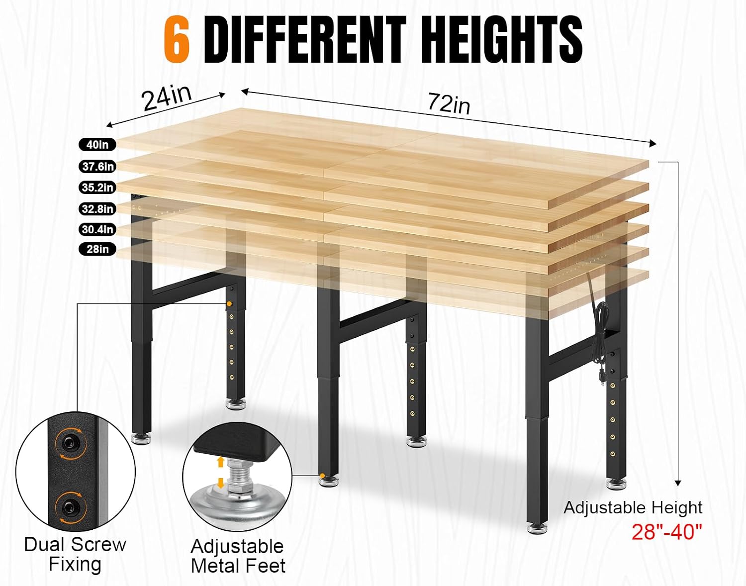 72' Adjustable Height Workbench, 5000 LBS Heavy Duty Table Rubber Wood Workstation with Power Outlet & Pegboard for Garage, Office, Workshop, Home,Commercial
