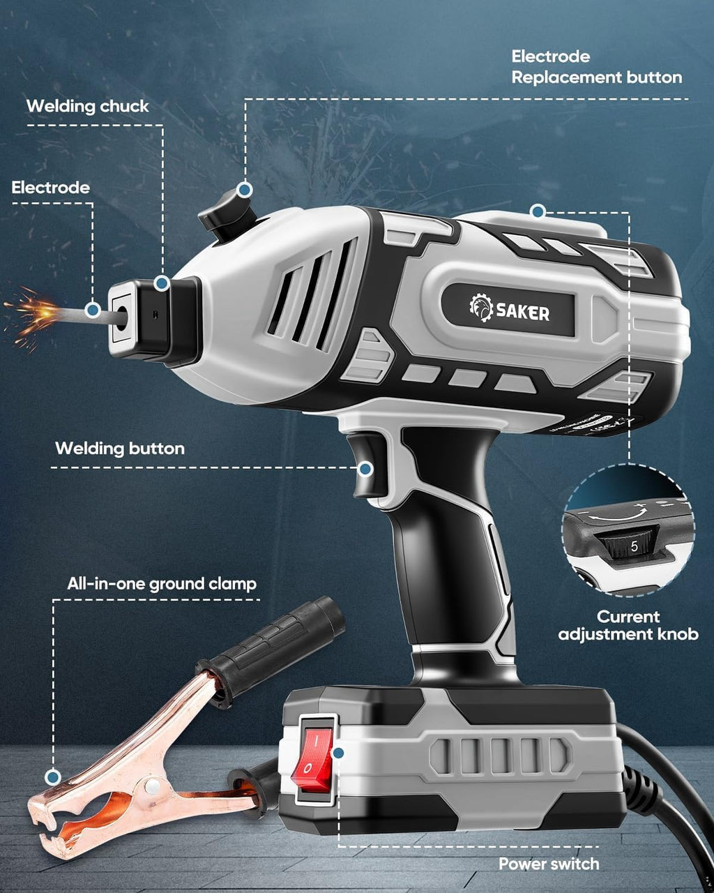 Saker Portable Welder Handheld Welding Machine with 5-Level Current Adjustment, IGBT ARC Welder Gun with 80 Welding Rods, 110V Plug & Play for DIY Home Garage Metal Welding
