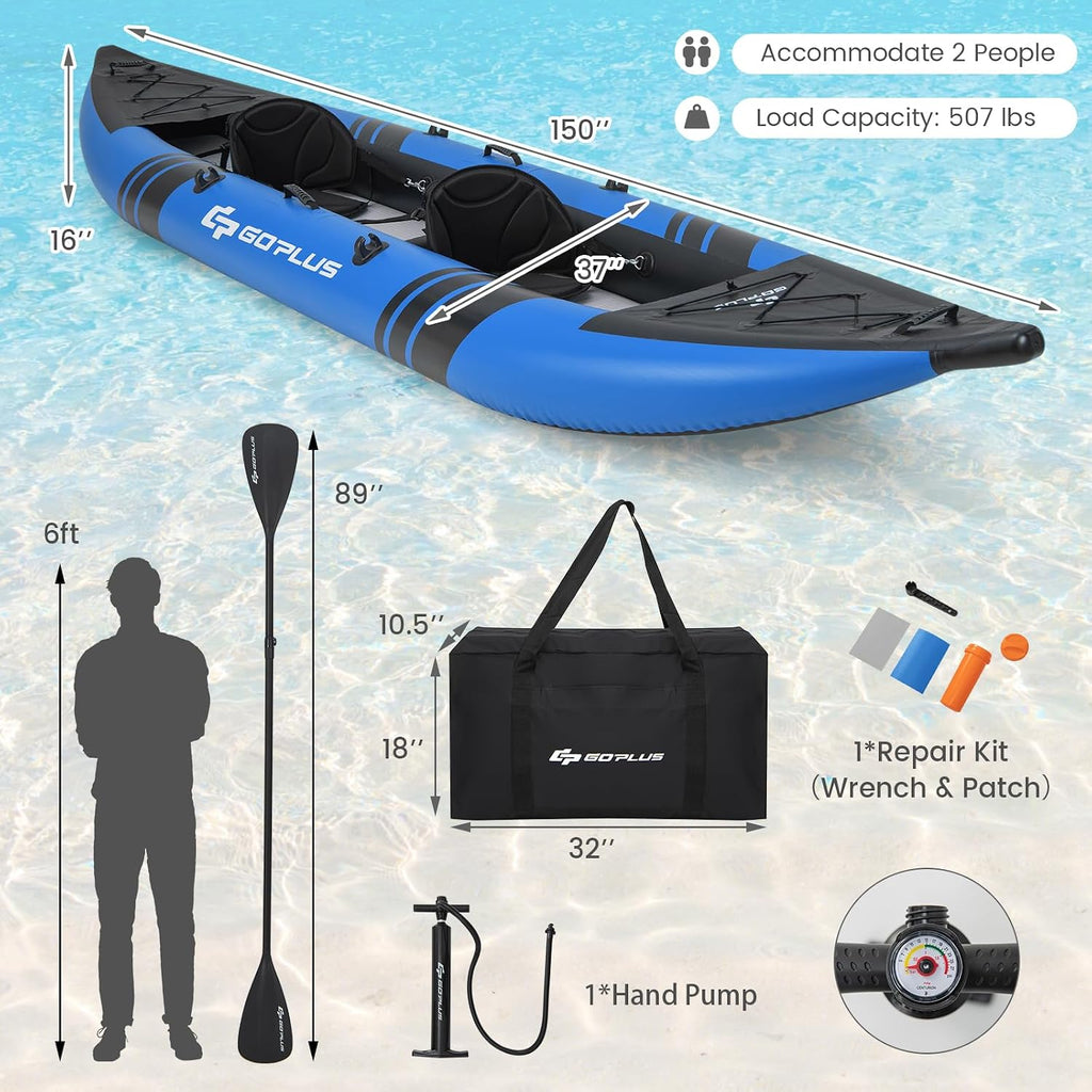 Goplus Tandem Inflatable Kayak, 12.5FT 2-Person Kayak for Adults w/507 LBS Weight Capacity, 2 Aluminium Oars, Padded Seat, 2 Fins, Hand Pump, Carry Bag, Repair Kit, Portable Touring Kayaks