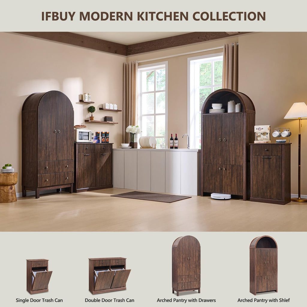 IFBUY 71' Tall Arched Bathroom Storage Cabinet, Modern Fluted Storage Cabinet w/Doors, 3 Adjustable Shelves, 6 Door Shelves, Wood Freestanding Cabinet for Bathroom, Entryway, Hallway, Brown