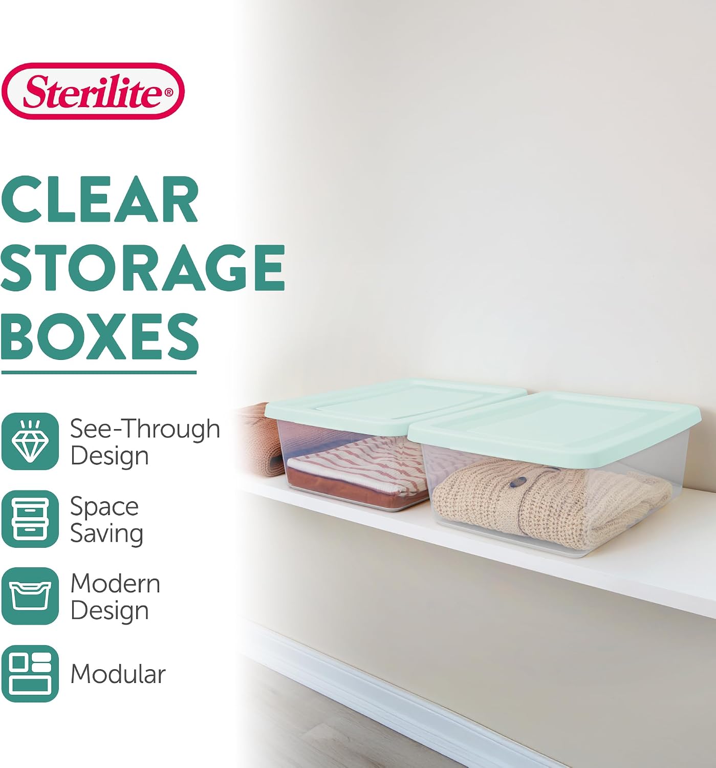 Sterilite 24 Pack Storage Boxes, Clear Plastic Stackable Containers, Lightweight Home Organizers with Snap Lids, 12 Quart, Mindful Mint