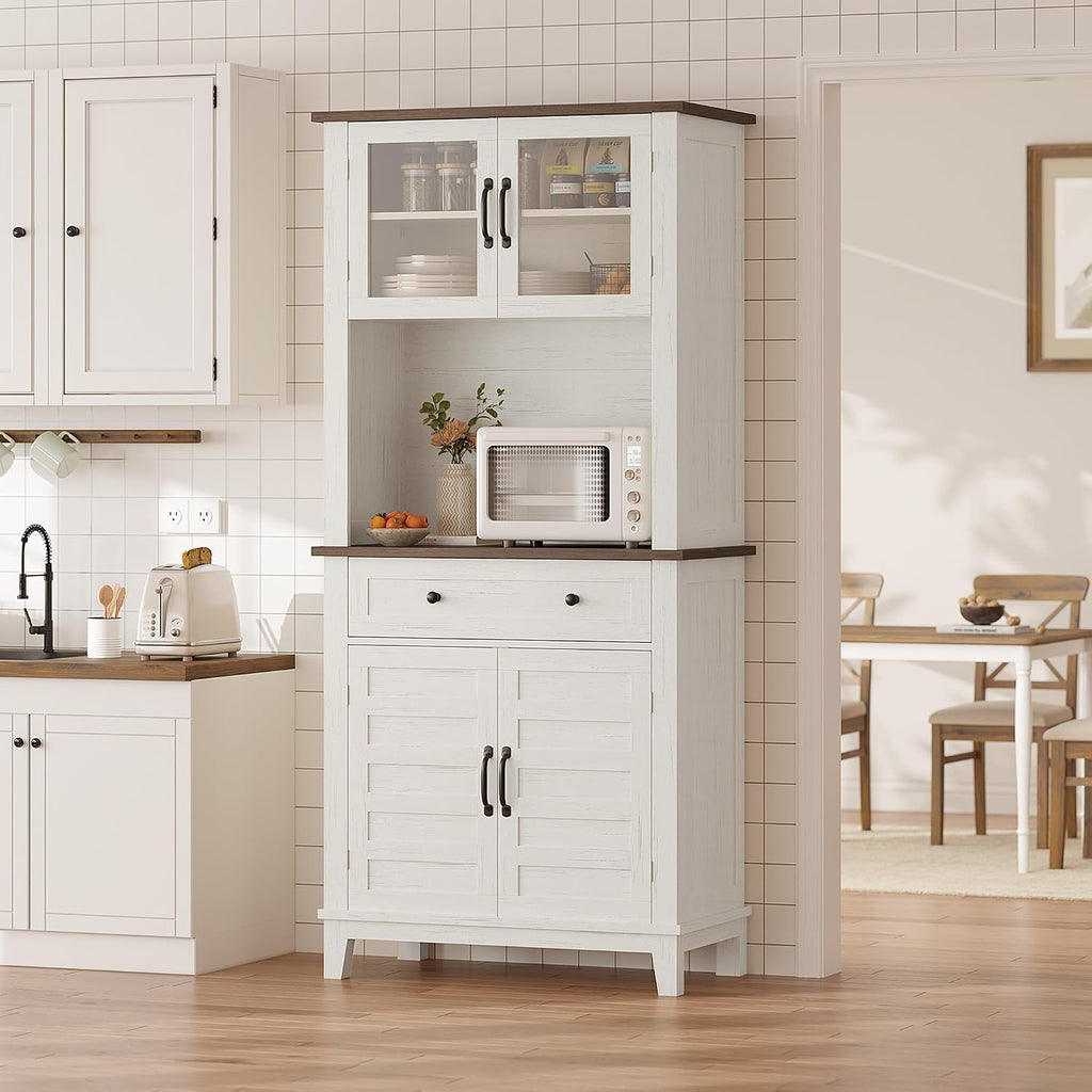 GAOMON Elegant 72' White Pantry Coffee Bar Cabinet – Tall Kitchen Storage with Adjustable Shelves, 4 Glass Doors & 1 Drawer – Multi-Functional Hutch for Dining Room & Kitchen, White