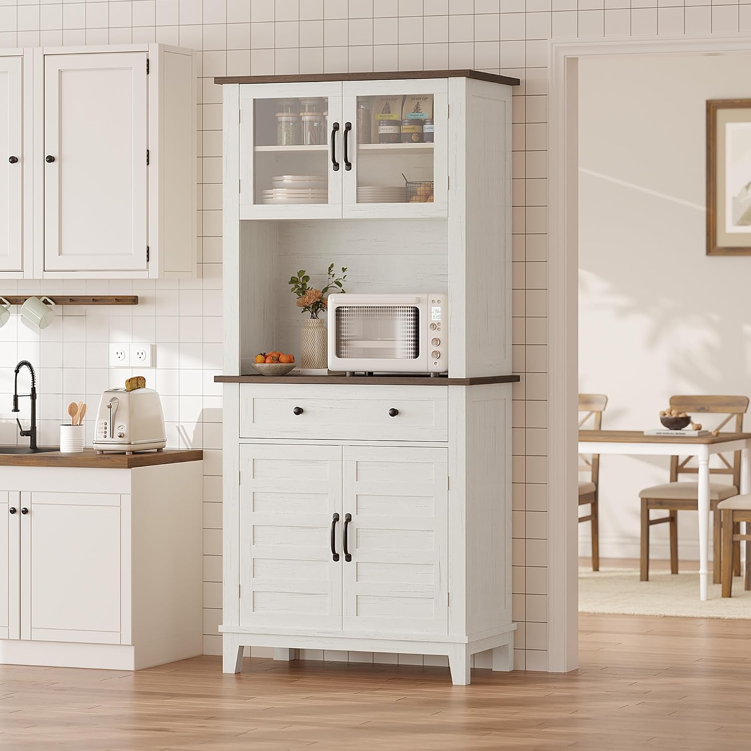 GAOMON Elegant 72' White Pantry Coffee Bar Cabinet – Tall Kitchen Storage with Adjustable Shelves, 4 Glass Doors & 1 Drawer – Multi-Functional Hutch for Dining Room & Kitchen, White