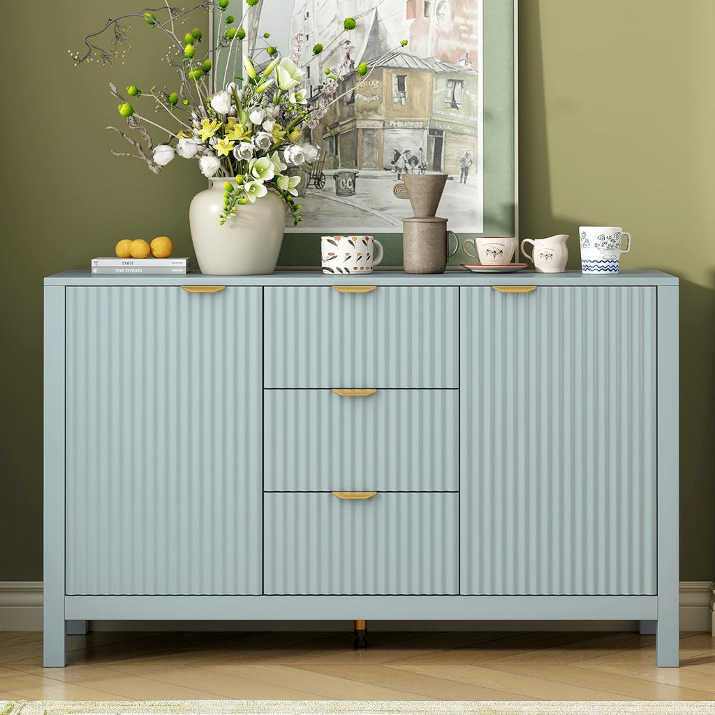 Virubi 47' Fluted Sideboard Buffet Cabinet with Storage Drawers,Doors,Adjustable Shelves and Gold Handles, Wood Modern Sideboard Accent Cabinet for Living Room,Hallway,Entryway (Green)