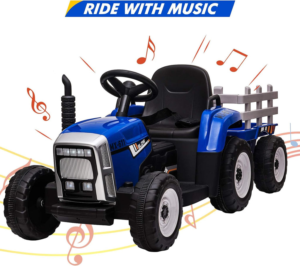 12V Kids Ride On Tractor with Trailer & Remote Control, Toddler Battery Powered Electric Car Slow Start 7LED Headlights USB Music Player 2+1 Gear Shift, Blue, 25W/Treaded Tires