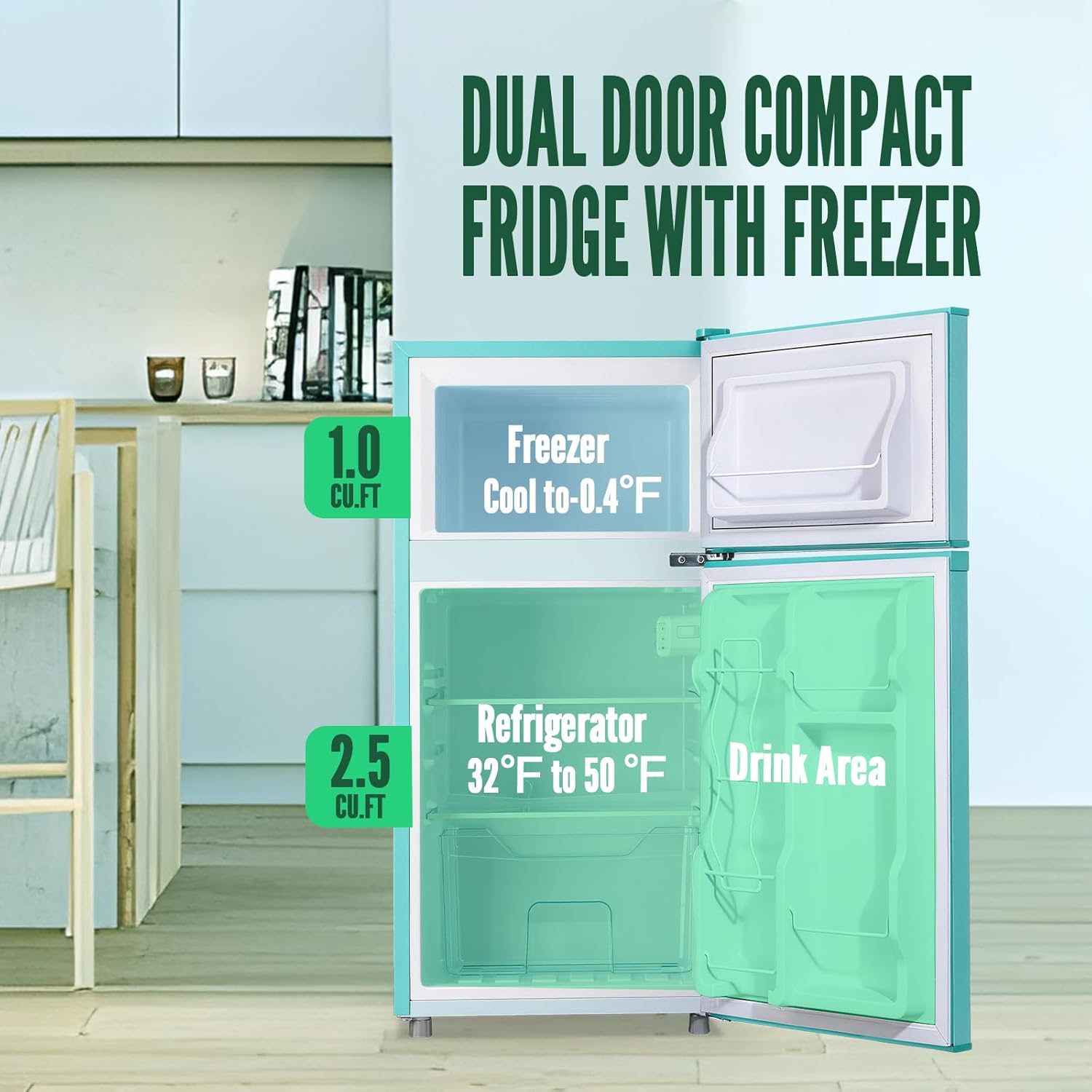 WANAI 2 Door Mini Refrigerator with Freezer-on-top, Spacious Capacity Fridge with 7-Level Adjustable Thermostat & 2 Removable Shelves Ideal for Kitchen Dorm Office Apt Blue