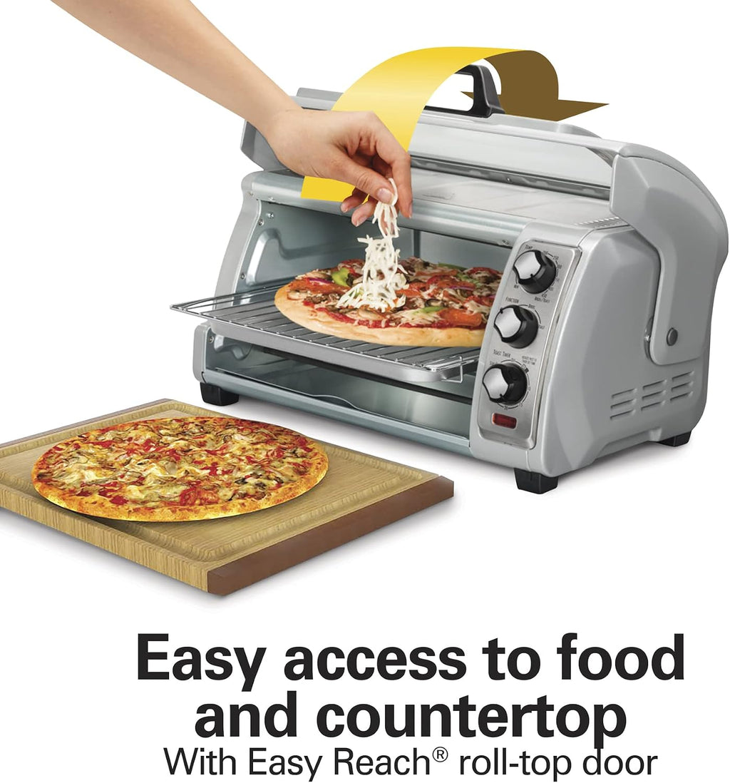 Hamilton Beach 6-Slice Countertop Toaster Oven with Easy Reach Roll-Top Door, Bake Pan, Silver (31127D) & (76606ZA) Smooth Touch Electric Automatic Can Opener with Easy Push Down Lever