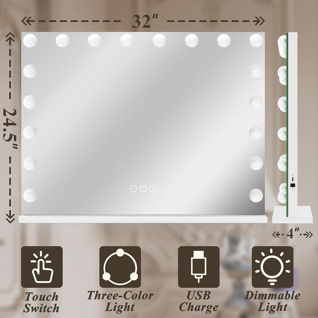 FENNIO Hollywood Vanity Mirror with Lights 32x24.5 Large Lighted Mirror Makeup Mirror with 18 Dimmable LED Bulbs and 10X Magnification 3Color Lighting USB Charging Port for Vanity Desk Tabletop