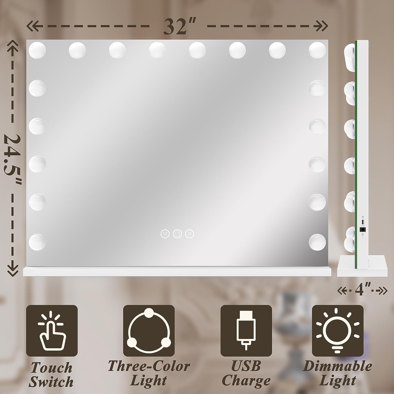 FENNIO Hollywood Vanity Mirror with Lights 32x24.5 Large Lighted Mirror Makeup Mirror with 18 Dimmable LED Bulbs and 10X Magnification 3Color Lighting USB Charging Port for Vanity Desk Tabletop