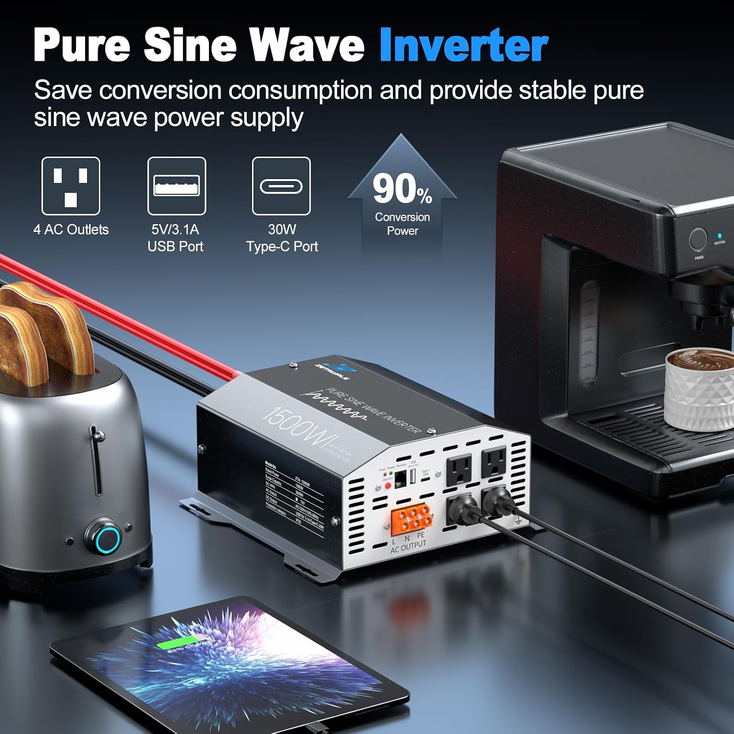 1500W Pure Sine Wave Inverter 12V DC to 110V/120V AC Converter, 3000W Peak, LCD Remote Control, 4 AC Outlets, USB & Type-C – for RV, Truck, Camping, Off-Grid Solar, Emergency Power