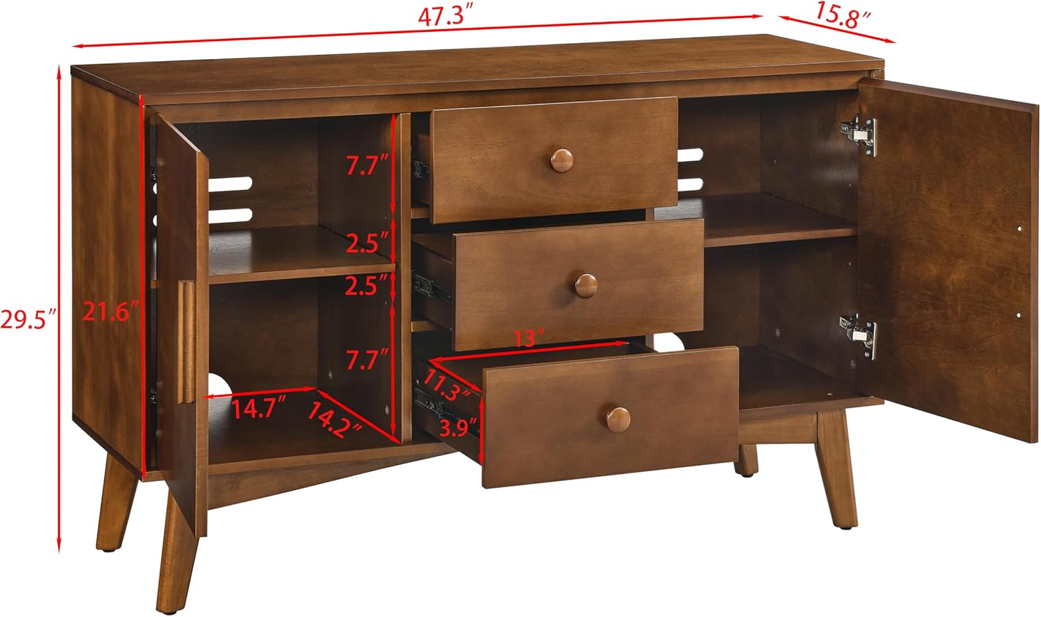 KEIKI Wood Sideboard Buffet Cabinet with Storage, Farmhouse Cupboard with 3 Drawers and Adjustable Shelves, Accent Console Table for Kitchen Dining Living Room, Walnut