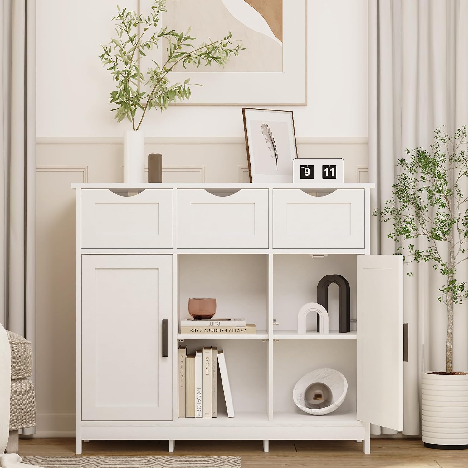 Sideboard Floor Storage Cabinet - Wooden Storage Organizer with 2 Doors and 3 Drawers, Free Standing Accent Buffet Cabinet with Adjustable Shelves for Living Room, Kitchen,Bathroom (White)