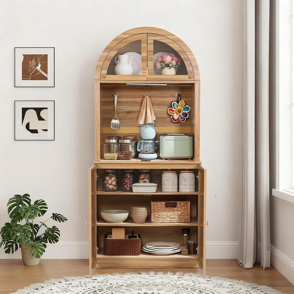 71' Farmhouse Arched Buffet Cupboard with Adjustable Shelves & Glass Door | Sturdy Engineered Wood, Acrylic Glass, Durable, Moisture-Resistant, Easy Assembly, for Dining Room, Bathroom, Living Room